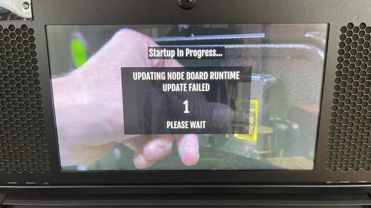 Image from a Stern Star Wars Pinball updating the node board runtime with the update failed message.